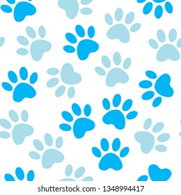 backdrop with silhouettes of cat or dog footprint. Vector illustration animal paw track pattern. Paw blue print seamless.