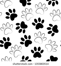 backdrop with silhouettes of cat or dog footprint. Vector illustration animal paw track pattern. Paw black print seamless.