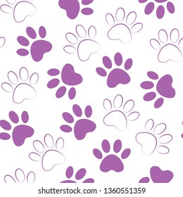 backdrop with silhouettes of cat or dog footprint. Vector purple illustration animal paw track pattern. Paw print seamless.