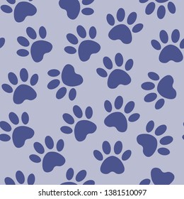 backdrop with silhouettes of cat or dog footprint. Vector illustration animal paw track pattern. Paw blue print seamless.