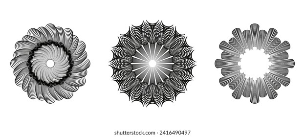 A backdrop with spiraling dots in a monochrome palette. This vector-art illustration features a trendy design element without gradients for frames, round logos, signs, symbols, and prints,	