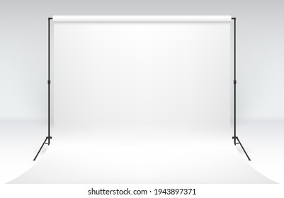 Backdrop stand white empty realistic illustration. Professional photo studio interior. Photography tripods, racks, background with paper roll ready for shoot. Vector template, mockup.