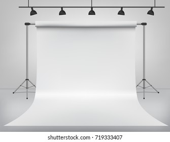 Backdrop stand with white paper backdrop. Empty photo studio gray background. Vector illustration
