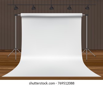 Backdrop stand with white paper backdrop. Empty photo studio gray background. Vector illustration
