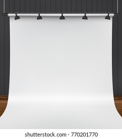 Backdrop stand with white paper backdrop. Empty photo studio gray background. Vector illustration
