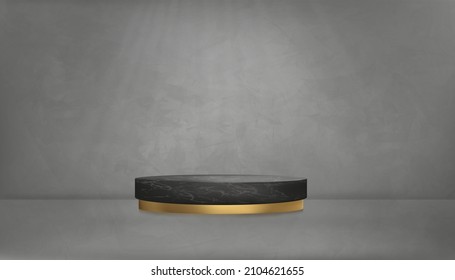 Sala de estudio de fondo con podio de mármol negro sobre fondo gris del suelo, pared de textura de cemento gris,Ilustración vectorial 3D de la superficie de hormigón negra con luz suave y sombra. Concepto de diseño de loft para banners	