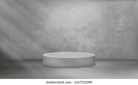 Backdrop studio room Grey Cement texture wall background with cylinder podium,Vector 3D illustration Gray floor Concrete surface with light and shadow.Banner template interior loft style concept