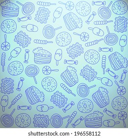 Backdrop with sweets on blue background