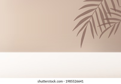 Sombra de palma tropical sobre fondo beige para el diseño vectorial de la plantilla de productos cosméticos de belleza. Verano mínimo