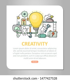 Backdrop with working little people, big lamp idea. Doodle illustration about creativity with space for text. Hand drawn cartoon vector for business template.