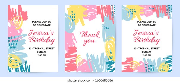 Backdrops with hand drawn stains. Place for text. Template for greetins, holidays, party invitation, birthday, flyer. Vector illustration set.