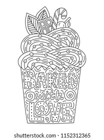 Backed with love. Lettering inside of a doodle cupcake. Vector illustration