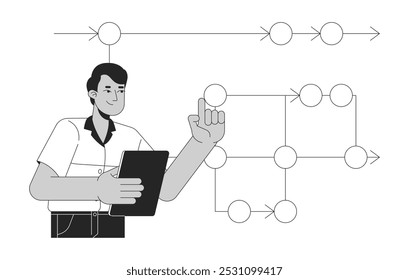 Backend developer roadmap black and white 2D illustration concept. Programmer analyst indian man with clipboard outline character isolated. Software engineering scheme metaphor monochrome vector art