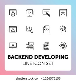 Backend developing line icon set. Set of line icons on white background. Technology concept.  Program, computer, screen. Vector illustration can be used for topics like internet, computer, progress