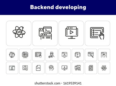 Backend developing line icon set. Set of line icons on white background. Technology concept. Program, computer, screen. Vector illustration can be used for topics like internet, computer, progress