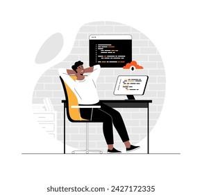 Backend development coding and programming. Man working with program languages, doing tasks, finding new solutions, fixing bugs. Illustration with people scene in flat design for website and mobile