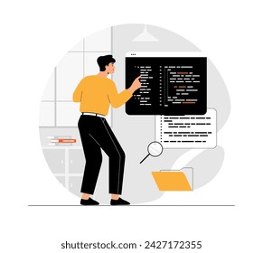 Backend development coding and programming. Man writes code, creates and optimizes pages and programs. Illustration with people scene in flat design for website and mobile development.