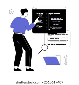 Backend development coding and programming. Man writes code, creates and optimizes pages and programs. Vector illustration with line people for web design.	
