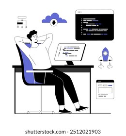 Backend development coding and programming. Man working with program languages, doing tasks, finding new solutions, fixing bugs. Vector illustration with line people for web design.	
