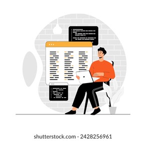 Backend development coding and programming. Programmer and engineering write code. Software developer. Illustration with people scene in flat design for website and mobile development.