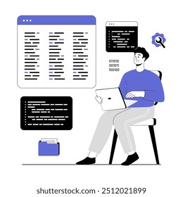 Backend development coding and programming. Programmer and engineering write code. Software developer. Vector illustration with line people for web design.	