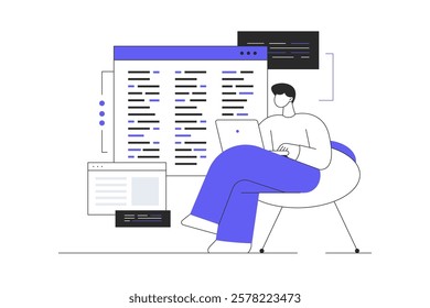 Backend development coding and programming. Programmer and engineering write code. Software developer. Flat Cartoon Vector Illustration, icon. Stylish abstract  