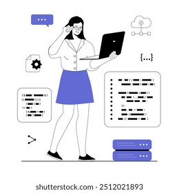 Software de programação e codificação de desenvolvimento de back-end. Mulher trabalhando com código de programa, corrigindo bugs e soluções de brainstorming. Ilustração vetorial com pessoas de linha para web design.	
