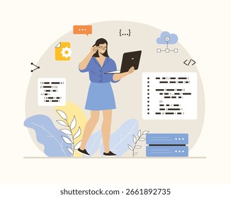 Software de programação e codificação de desenvolvimento de back-end. Mulher trabalhando com código de programa, corrigindo bugs e soluções de brainstorming. Ilustração de vetor plano.	
