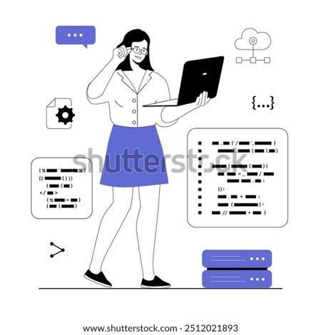 Backend development coding and programming software. Woman working with program code, fixing bugs and brainstorming solutions. Vector illustration with line people for web design.	
