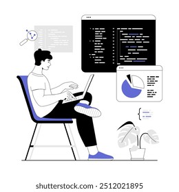 Programação e codificação de desenvolvimento de back-end. Os especialistas de TI se sentam e escrevem código em um notebook para o site, desenvolvem programas, software e aplicativos. Ilustração vetorial com pessoas de linha para web design.