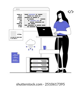 Programação e codificação de desenvolvimento de back-end. As mulheres escrevem, testam e otimizam o código, trabalham com diferentes linguagens de programas. Ilustração vetorial com pessoas de linha para web design.	
