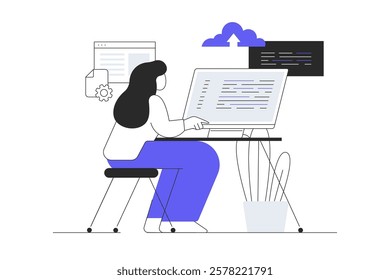 Backend development coding and programming. Woman Character working with program languages, doing tasks, finding new solutions, fixing bugs. Flat Cartoon Vector Illustration, icon. Stylish abstract 