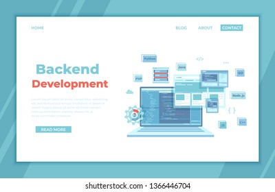 Backend Development, Coding, Software  Engineering, Programming languages. Program code on laptop screen, website template. landing page template or banner. Technology concept. Vector