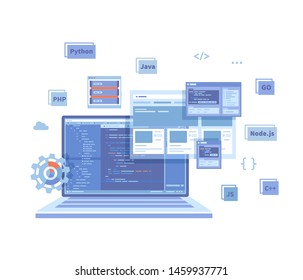 Backend Development, Coding, Software Engineering, Programmiersprachen. Programmcode auf Laptop-Bildschirm, Website-Vorlage. Technologiekonzept. Vektorgrafik auf weißem Hintergrund