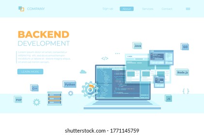 Backend Development, Coding, Software Engineering, Programmiersprachen. Programmcode auf Laptop-Bildschirm, Website-Vorlage. Kann für Web-Banner, Landing-Seite, Web-Vorlage.