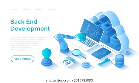 Desarrollo back-end, Coding, Ingeniería de Software, Lenguas de Programación. El servidor racks en la gran nube, base de datos. Plantilla de página de inicio para web sobre fondo blanco.	
