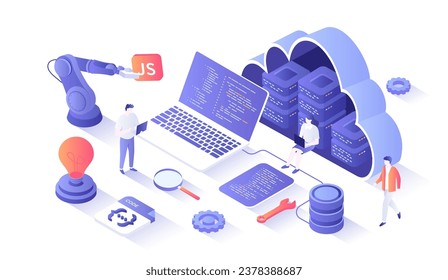 Back-end Development, Coding, Software Engineering, Programming languages. Server racks in the big cloud, database, program code on laptop screen. Isometry illustration with people scene for web