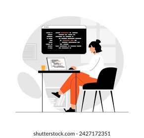 Programmierung von Backend-Entwicklungscodes und Software. Frau arbeitet mit Code am Laptop, Engineering-Programm-Prozess. Illustration mit Menschen Szene im flachen Design für Website und mobile Entwicklung.