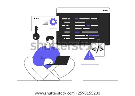 Backend development coding and software programming. Man Character working with code at laptop, engineering program process. Flat Cartoon Vector Illustration, icon. Stylish abstract design for website
