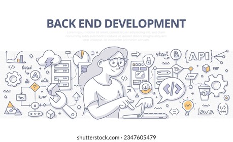 Back-end development doodle concept. Woman developer coding and surrounded by an array of essential elements; servers, databases, API interfaces, seamless data flow, integrations, and error handling