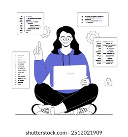 Backend development and programming. Programmer coding and testing program code, creating apps, working on computer. Vector illustration with line people for web design.	
