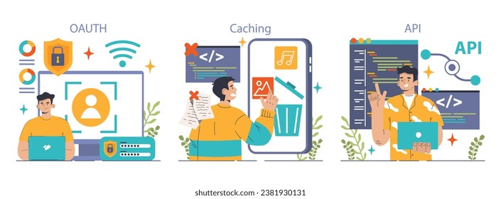 Back-end development set. Coding, software engineering or programming. Software script development. Flat vector illustration