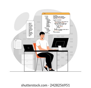 Backend development of software and programming concept. Man web developer creating program code. Programmer workplace. Illustration with people scene in flat design for website and mobile development