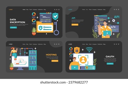 Back-end development web banner or landing page dark or night mode set. Coding, software engineering or programming. Software script development. Flat vector illustration