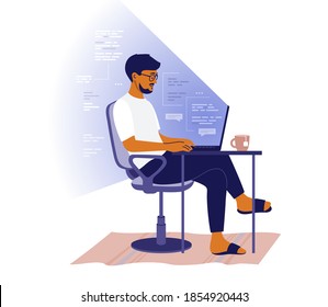 Backend or frontend developer coding and chatting by laptop. Man sitting at table and working online. Home office of programmer. Guy freelancer and program code in light of screen. Vector illustration