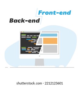 Comparación de desarrollo back-end y front-end en una pantalla. Espacio de trabajo con el equipo. En el monitor codificar el back-end y el sitio de diseño frontal o diseño de aplicación. Pancarta de estilo vectorial plano.