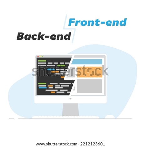 Back-end and front-end development comparison on one screen. Working space with computer. On monitor coding back end and front end design site or app layout. Vector flat style banner.