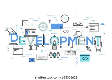 Back-end and front-end software development, program coding and testing, programming languages, computer technology. Modern infographic banner with elements in thin line style. Vector illustration.