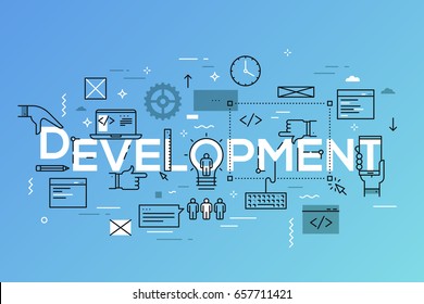 Back-end and front-end software development, program coding and testing, programming languages, computer technology. Modern infographic banner with elements in thin line style. Vector illustration.