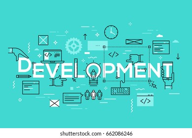 Back-end and front-end software development, program coding and testing, programming languages, computer technology. Modern infographic banner with elements in thin line style. Vector illustration.